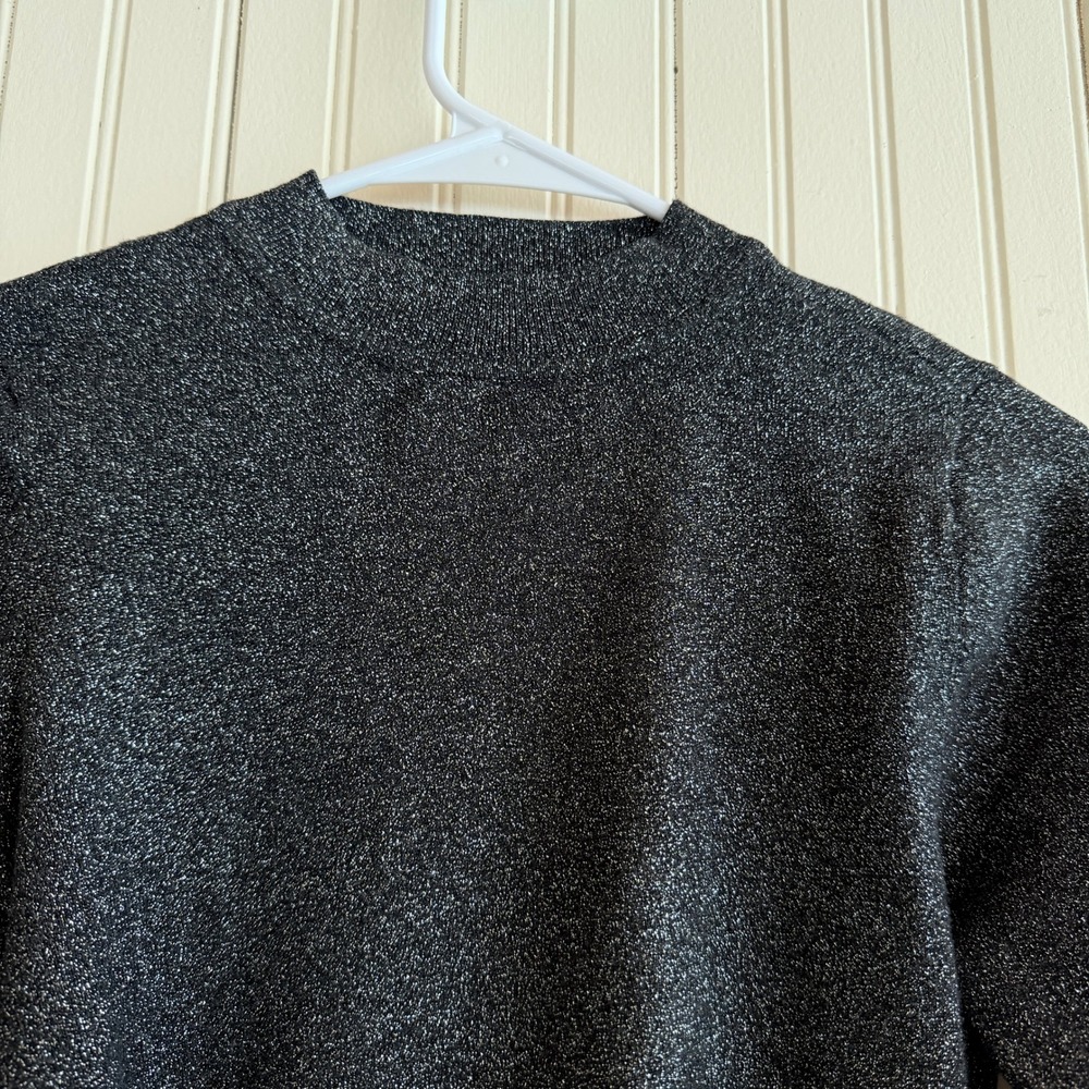 Express shimmer metallic Cropped Mock Neck‎ modern chic Sweater, Dark Gray/Black - Picture 4 of 5